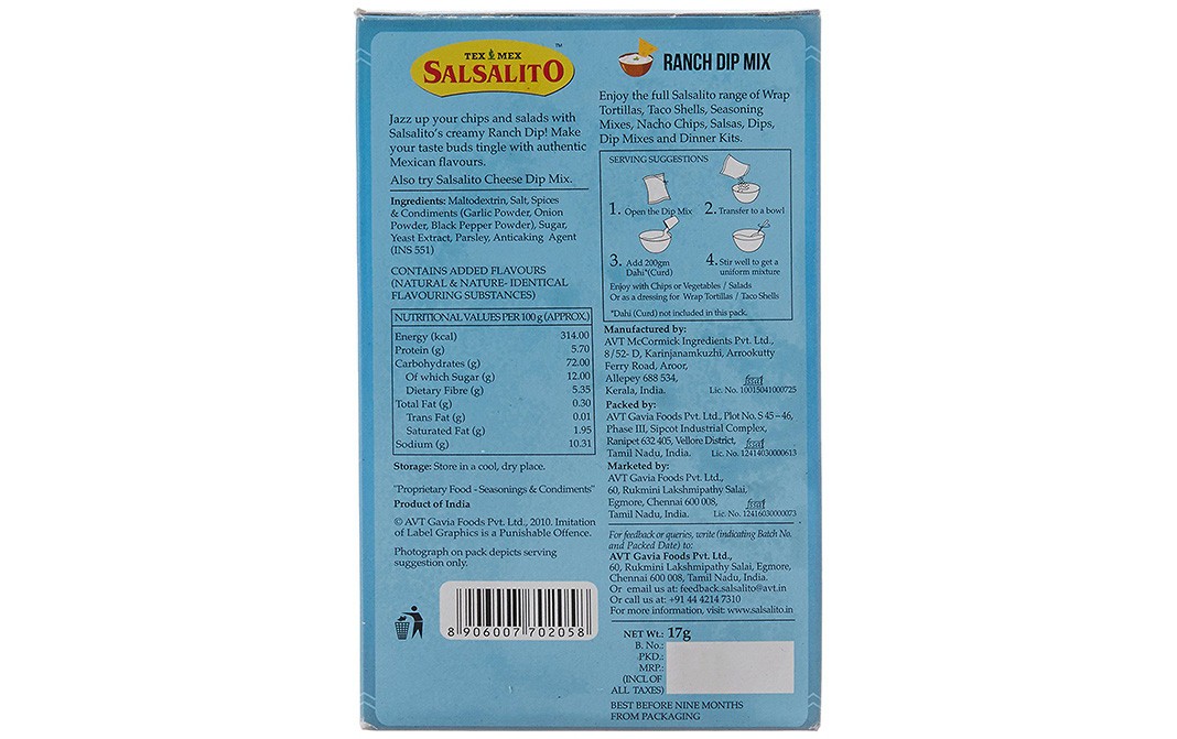 Salsalito Ranch Dip Mix    Box  17 grams